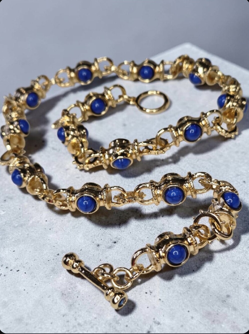 18k Matte Gold Plated Byzantine Revival Lapis Lazuli Cabochon Toggle Necklace